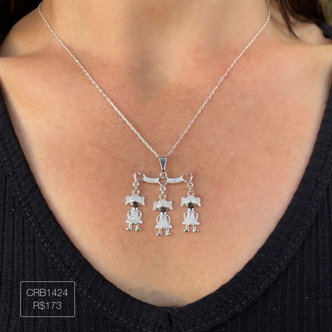 Colar Canga c/ 3 Filhos Cravejado Cristal Prateado